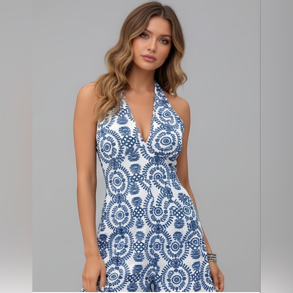Blue Printed Halter Neck Tie Romper - Picture 5 of 8
